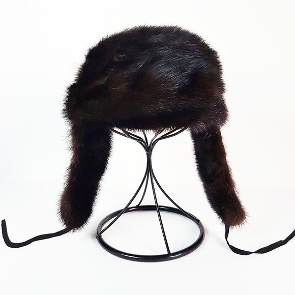 Vintage Dark Brown Mink Suede Fur Aviator Hat, Real Fur Trapper Hat - Picture 1 of 10